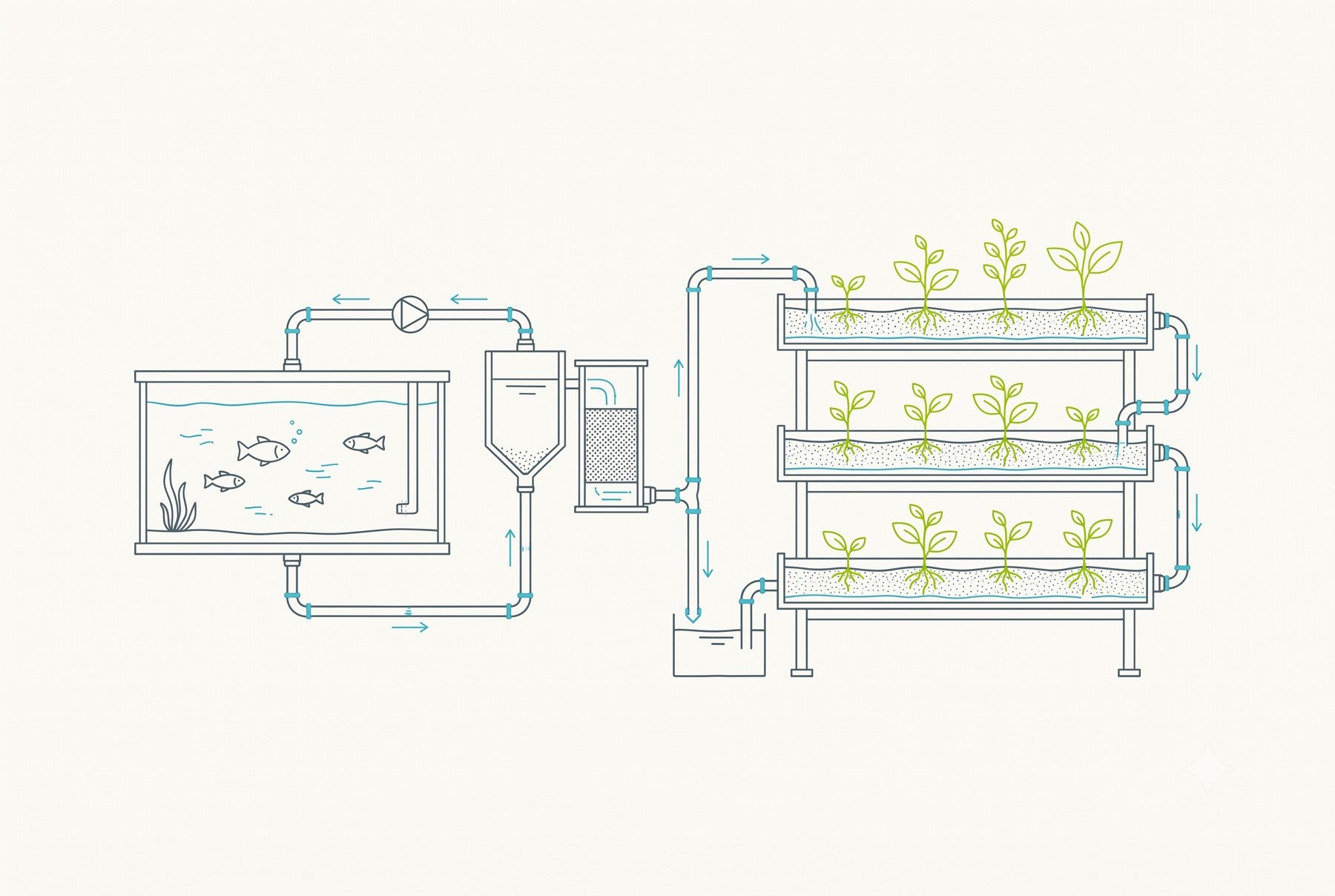 Illustrative schematic of a closed-loop aquaponic system: fish tank, clarifier, biofilter, and tiered grow beds