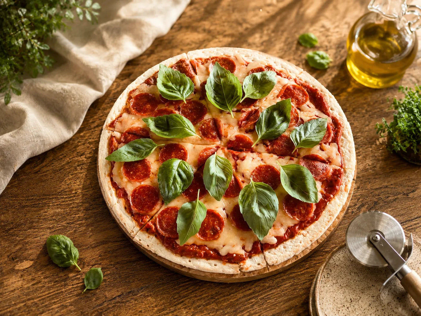 Pizza topped with herbs harvested on-site